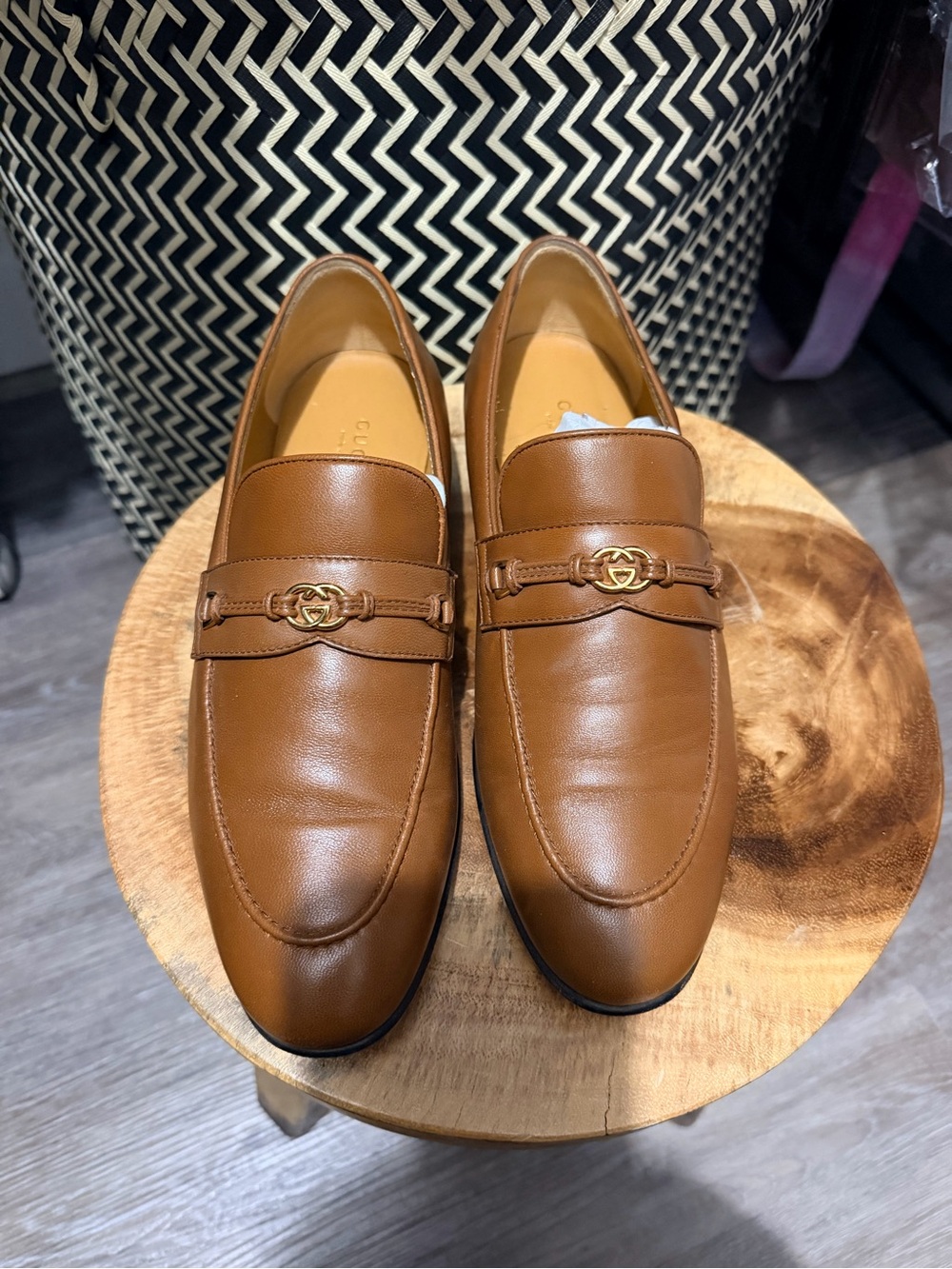 Gucci women’s Brown Leather Slip-On Loafers with Metal Bit/logo